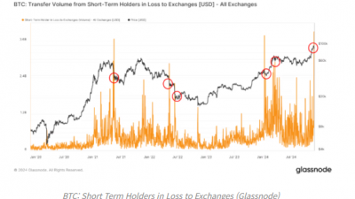 비트코인 단기 보유자, $80억 상당 BTC 손실 상태로 거래소 이체