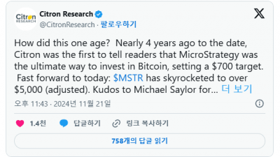 시트론 리서치 주식 공매도에⋯ MSTR 주가 16% 하락