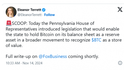펜실베이니아, 비트코인 전략적 비축 법안 발의