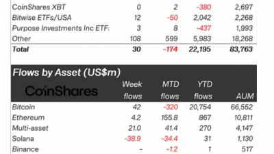 디지털 자산 투자상품 지난주 $3000만 순유입